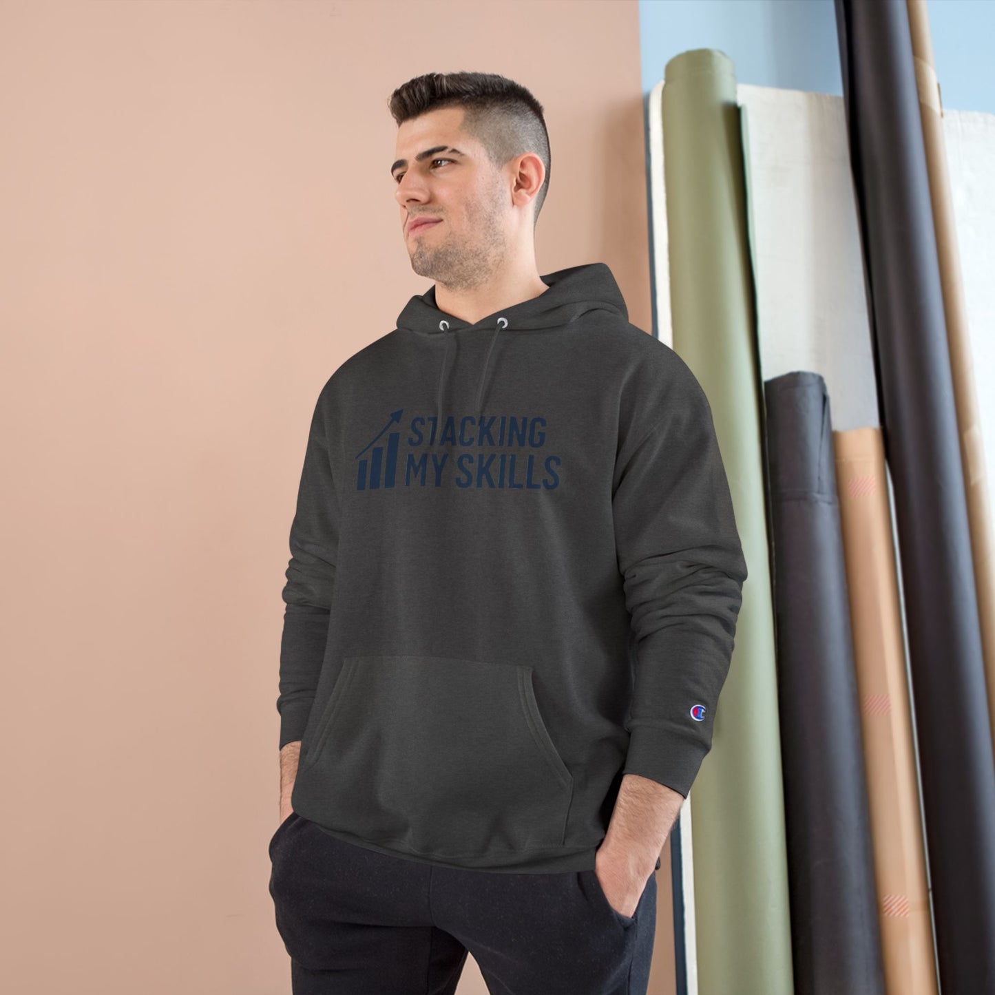 Champion Hoodie with 'Stacking My Skills' Design(Blue), Motivational Sweatshirt, Perfect Gift for Students, and Casual Wear