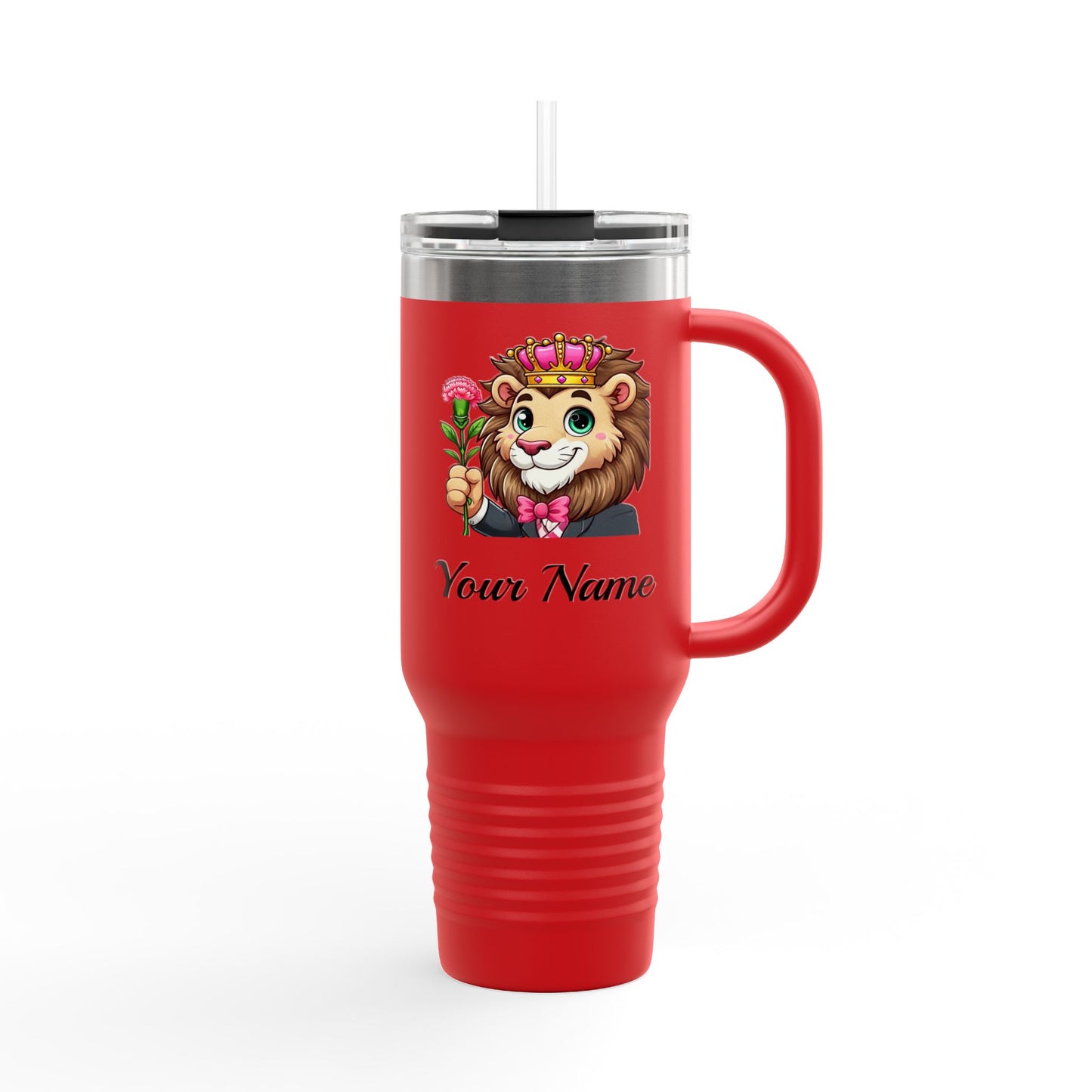 Personalized, Carnation Bearing Lion, 40oz Stainless Steel, Double-Insulated, Spillproof, Insulated Travel Mug