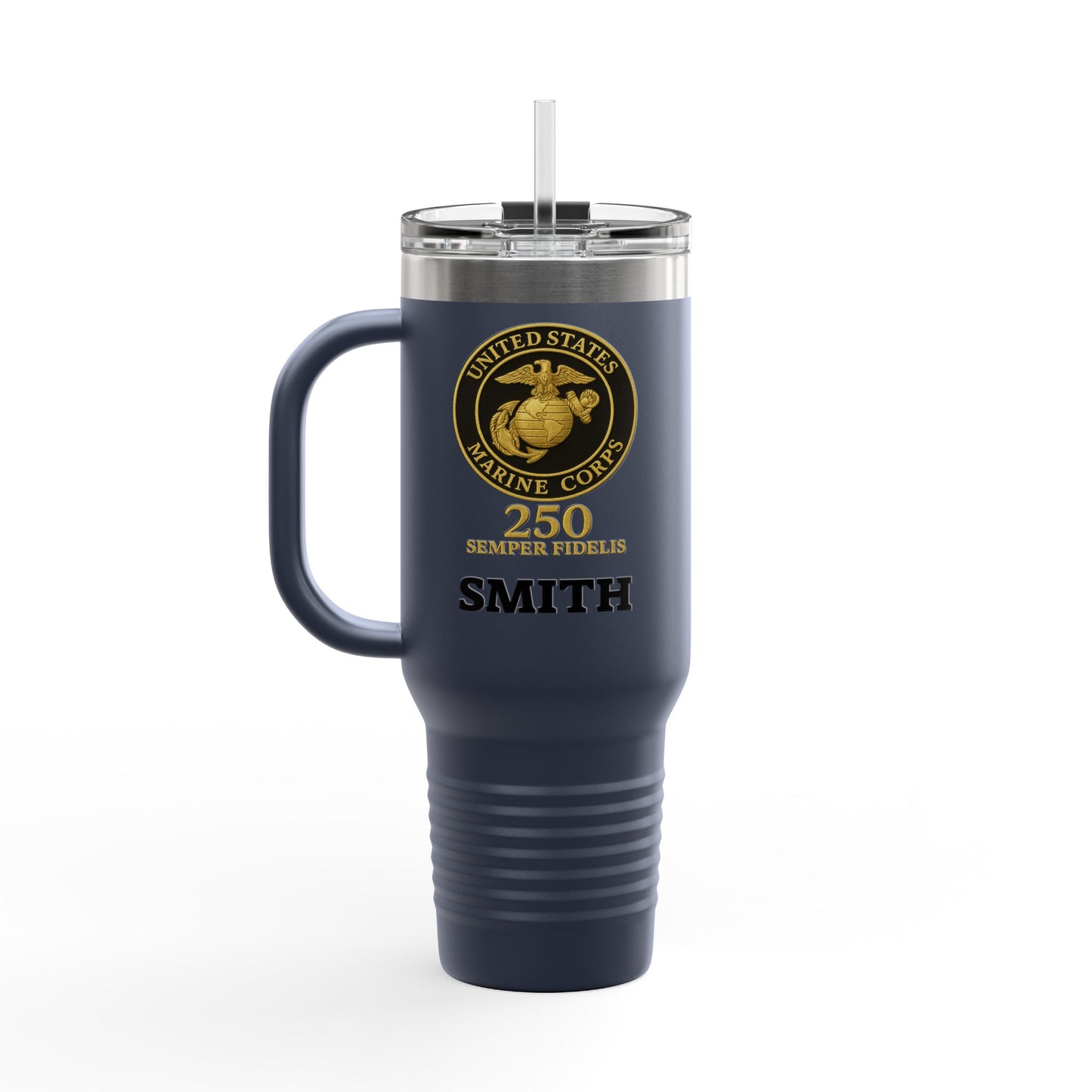 Customizable 40oz Insulated Travel Mug - United States Marine Corps Semper Fidelis Design (Emblem On Black Background)