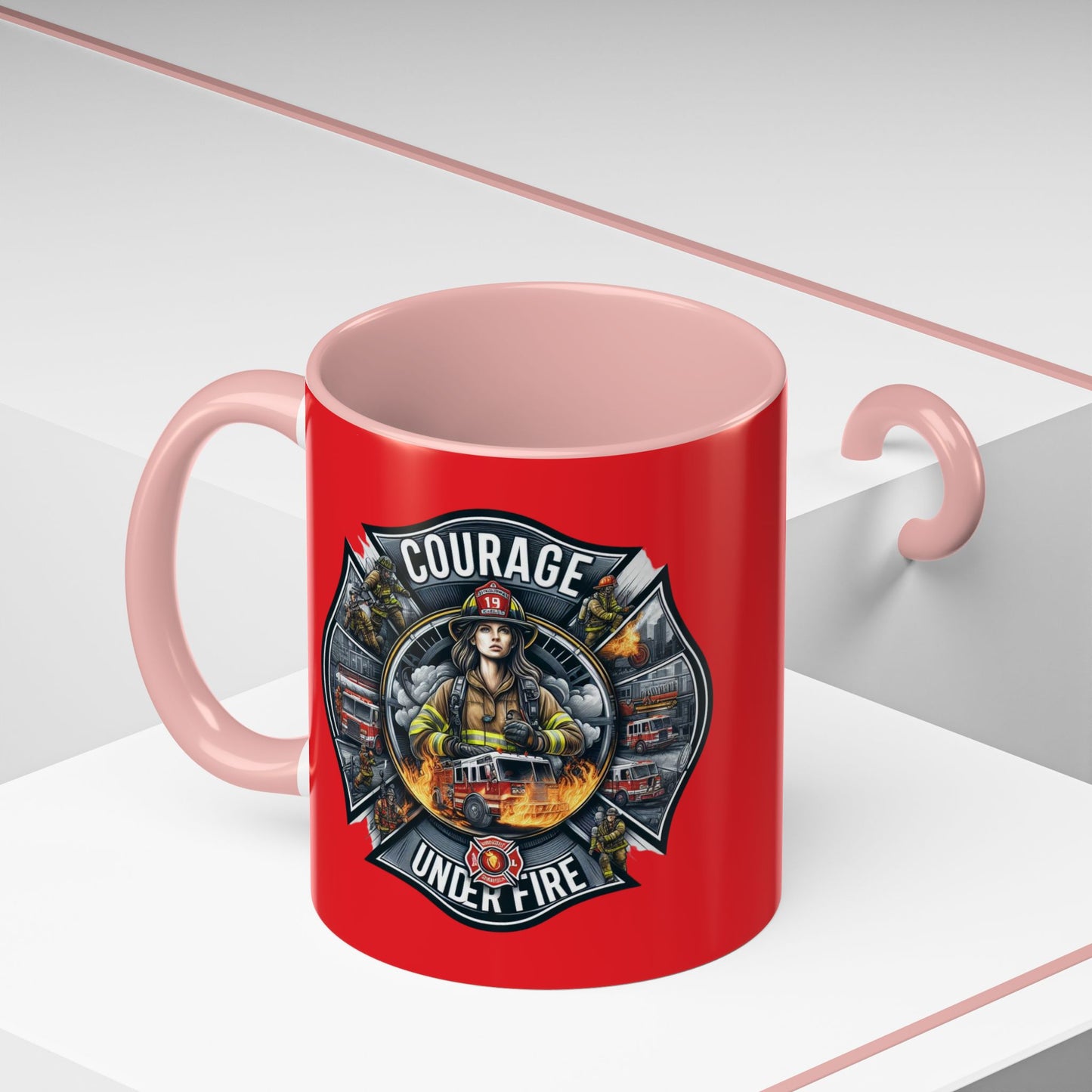 Courage Under Fire - Fire Chief - Hook and Ladder - 11oz Red, Pink, and Black Accents Coffee Mug