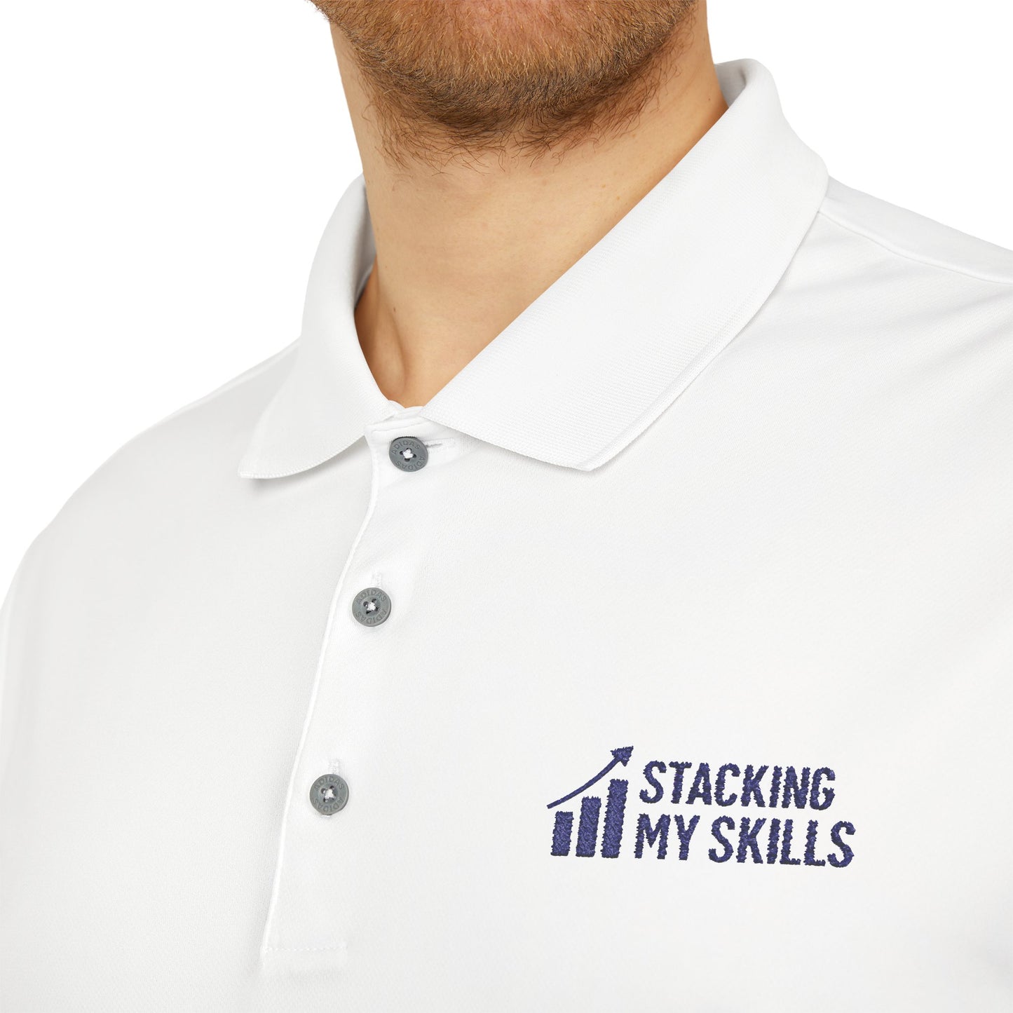 Adidas Performance Polo with 'Stacking My Skills' design(Blue), Sporty Polo Shirt for Golf, Tennis, and Casual Wear