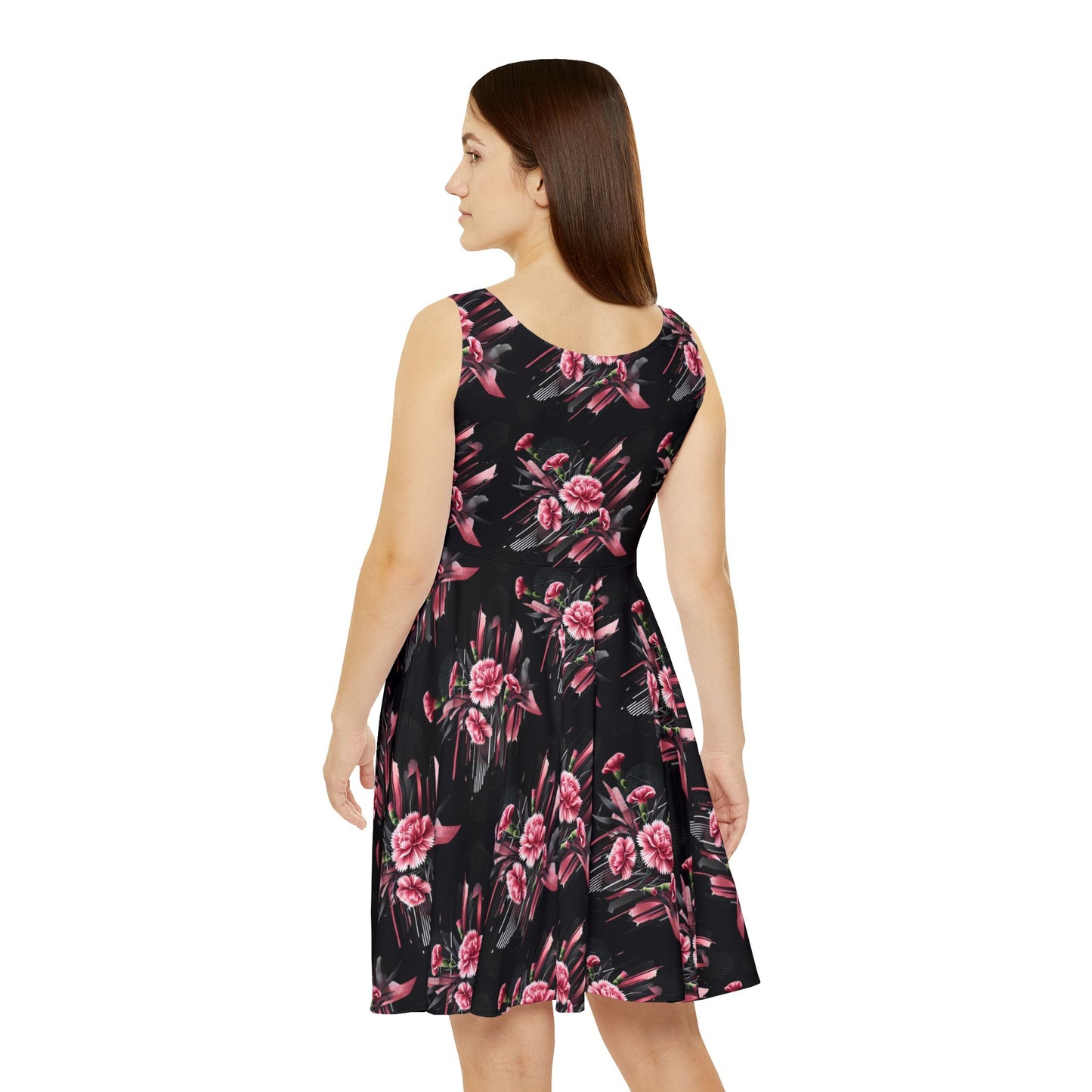 Pink Carnations On Black Skater Dress