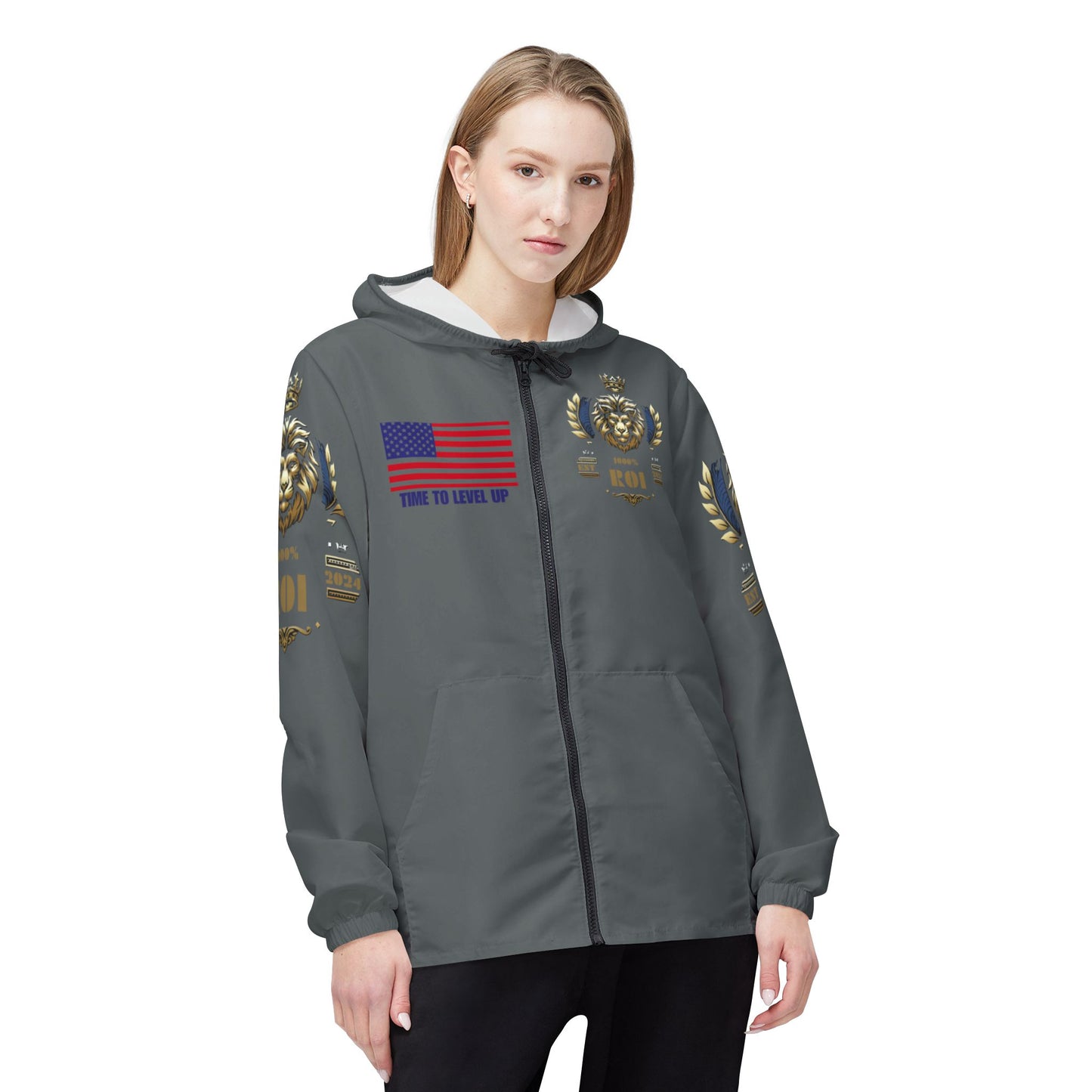 1000%ROI Windbreaker Jacket - Light Grey- Level Up Flag