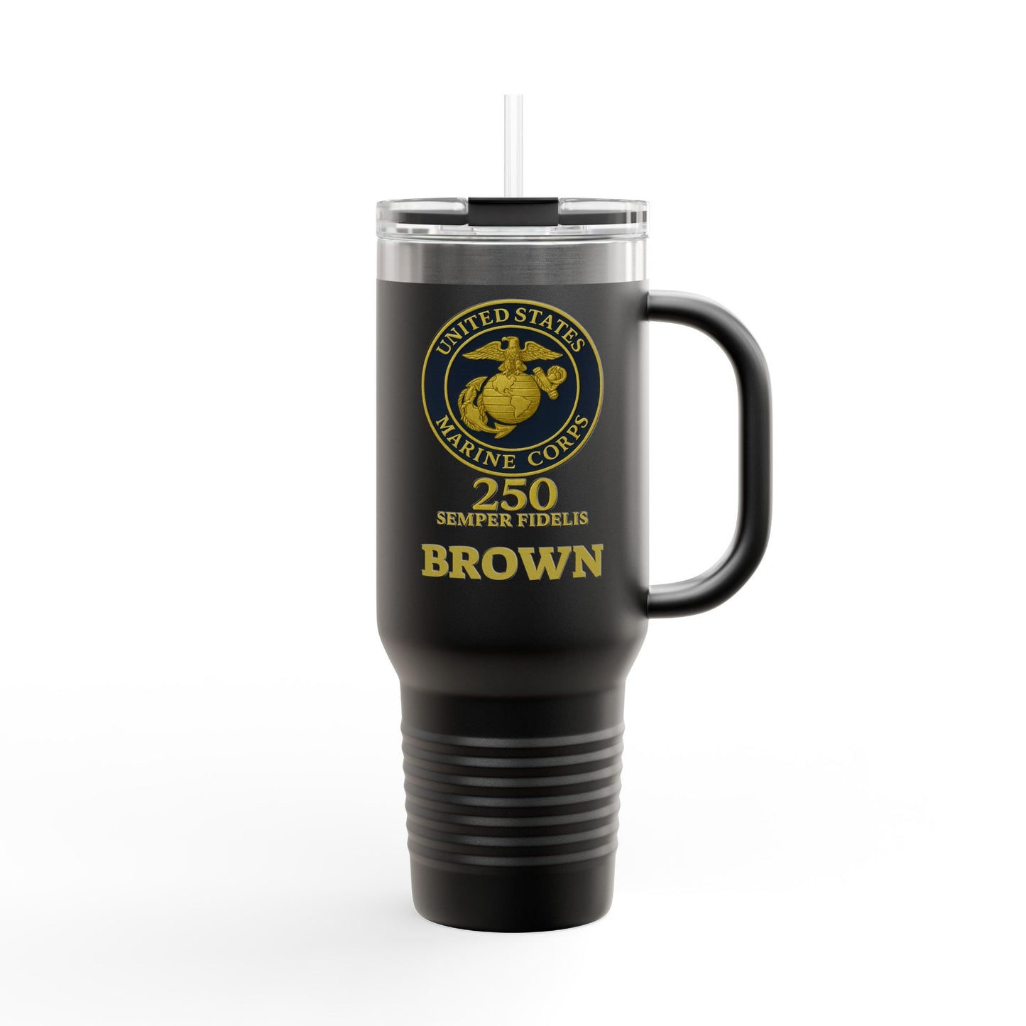 Customizable 40oz Insulated Travel Mug - United States Marine Corps Semper Fidelis Design (Emblem On Navy Blue Background)