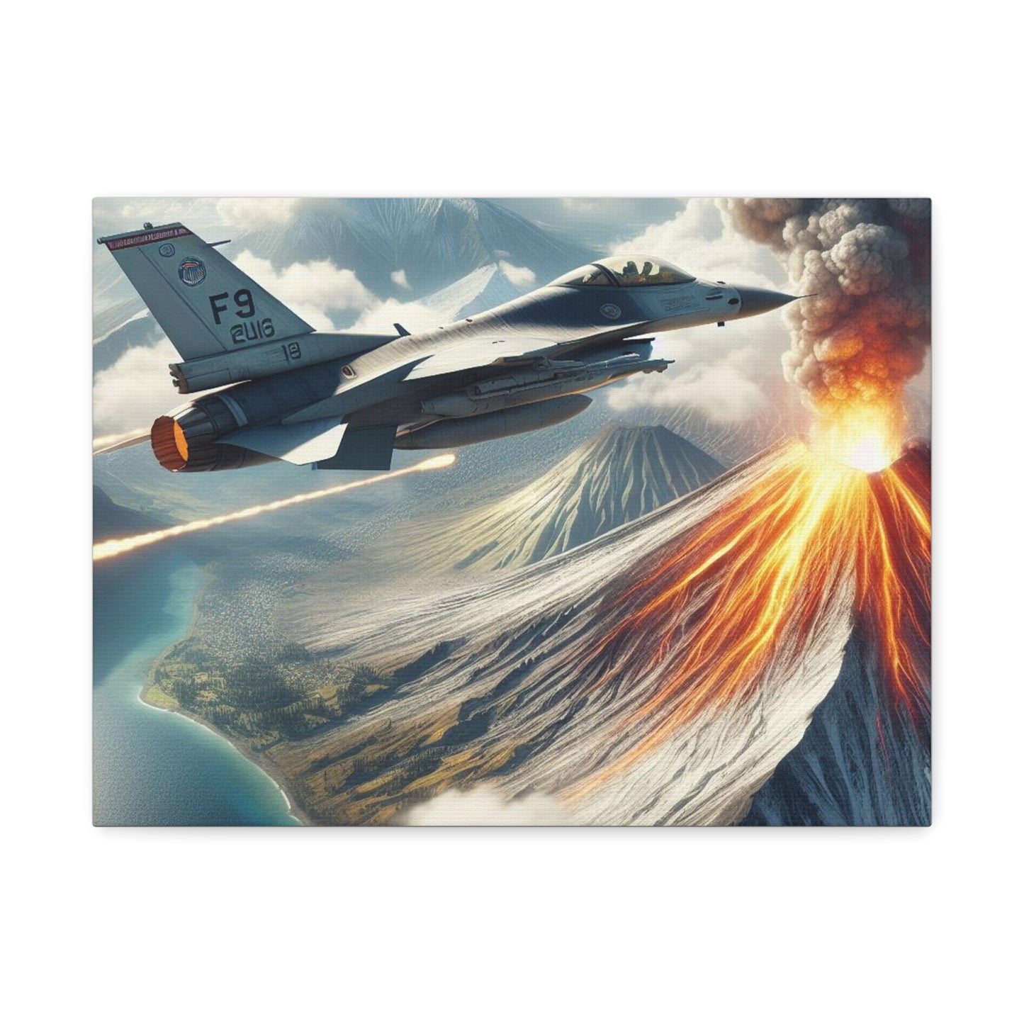 Fighter Aircraft With A Bird's Eye View Of Volcano on Stretched Canvas