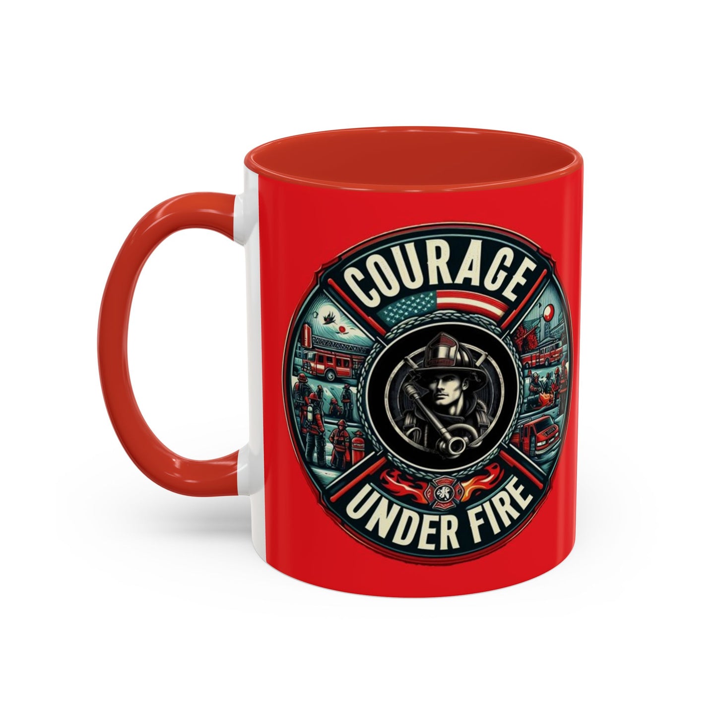 Courage Under Fire - Left Hand - Firemen - Red Accent Coffee Mug, 11oz