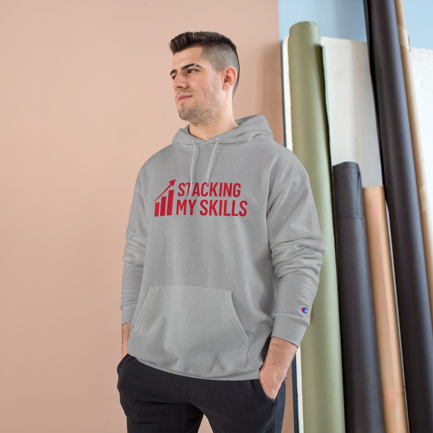 Champion Hoodie with 'Stacking My Skills' Design (Red Letters)
