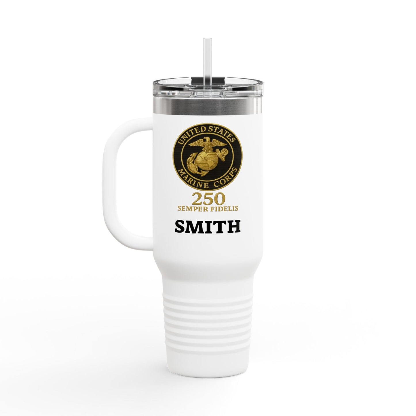 Customizable 40oz Insulated Travel Mug - United States Marine Corps Semper Fidelis Design (Emblem On Black Background)
