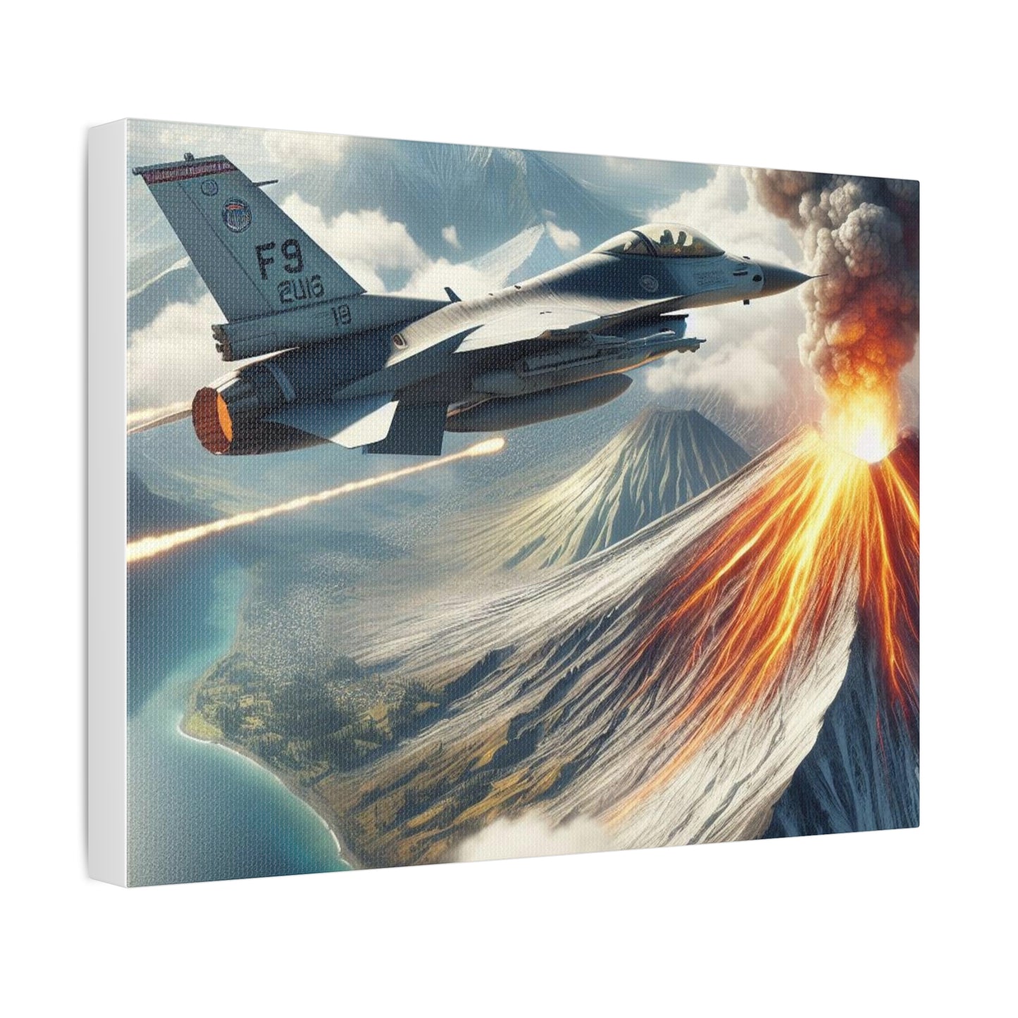 Fighter Aircraft With A Bird's Eye View Of Volcano on Stretched Canvas