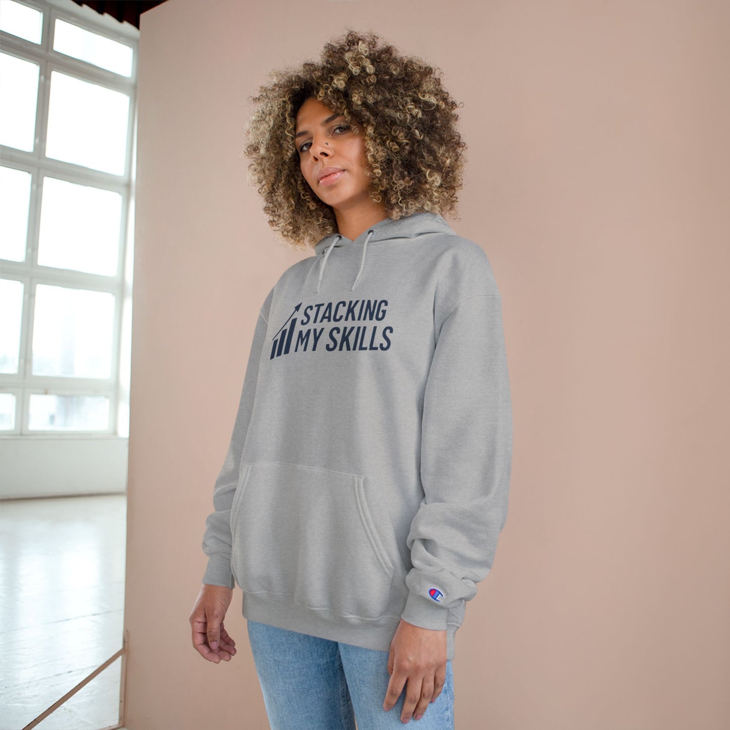 Champion Hoodie with 'Stacking My Skills' Design(Blue), Motivational Sweatshirt, Perfect Gift for Students, and Casual Wear