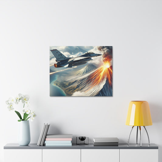 Fighter Aircraft With A Bird's Eye View Of Volcano on Stretched Canvas
