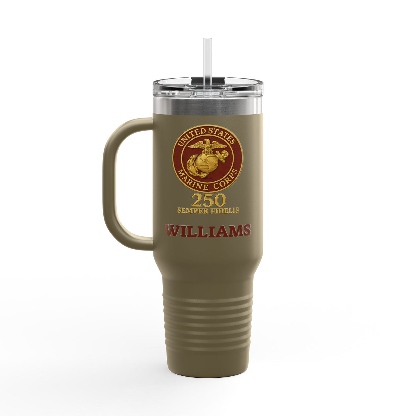 Customizable 40oz Insulated Travel Mug - United States Marine Corps Semper Fidelis Design (Emblem Has Deep Red Background)