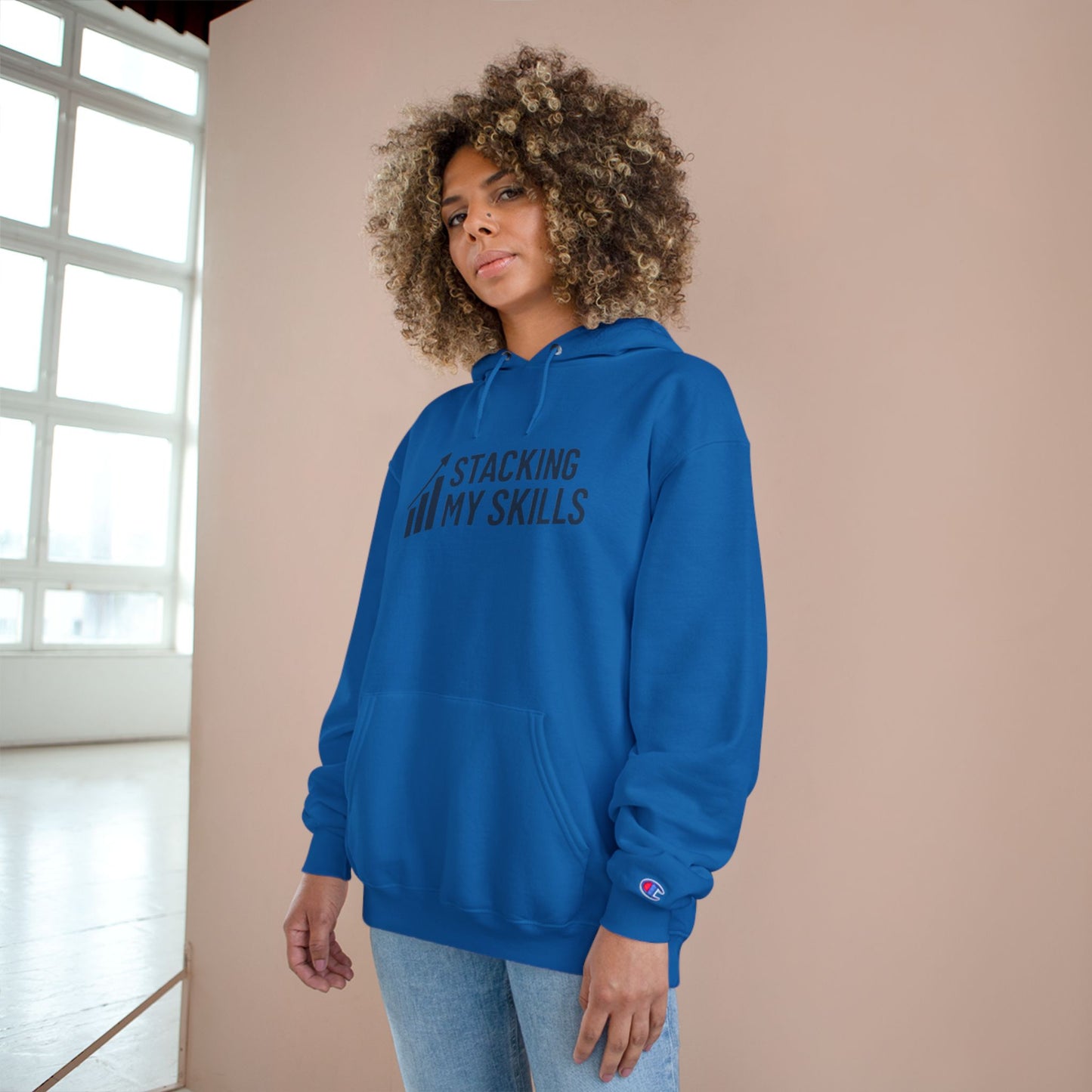 Champion Hoodie with 'Stacking My Skills' Design(Blue), Motivational Sweatshirt, Perfect Gift for Students, and Casual Wear