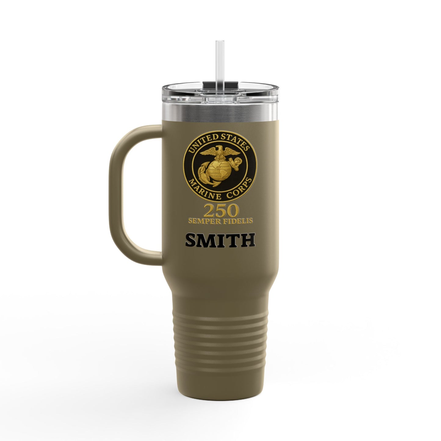 Customizable 40oz Insulated Travel Mug - United States Marine Corps Semper Fidelis Design (Emblem On Black Background)