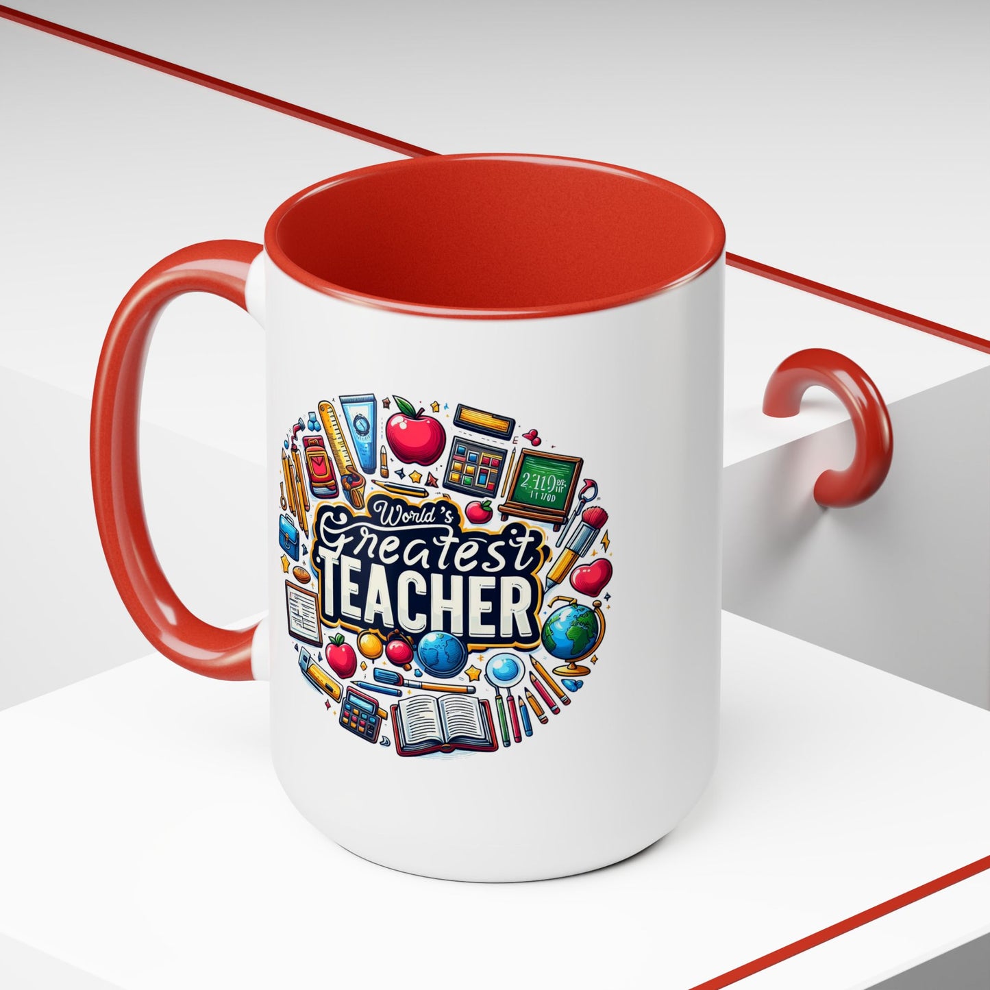 World's Greatest Teacher - Two-Tone Coffee Mugs, 15oz, (LeftG2)