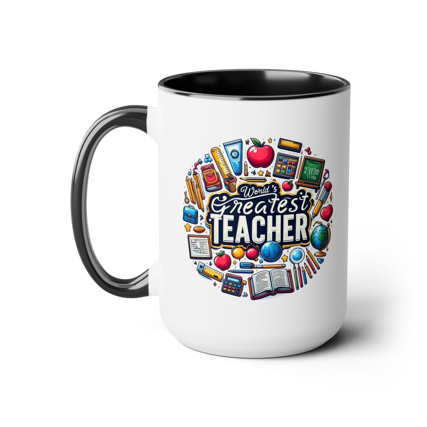 World's Greatest Teacher - Two-Tone Coffee Mugs, 15oz, (LeftG2)