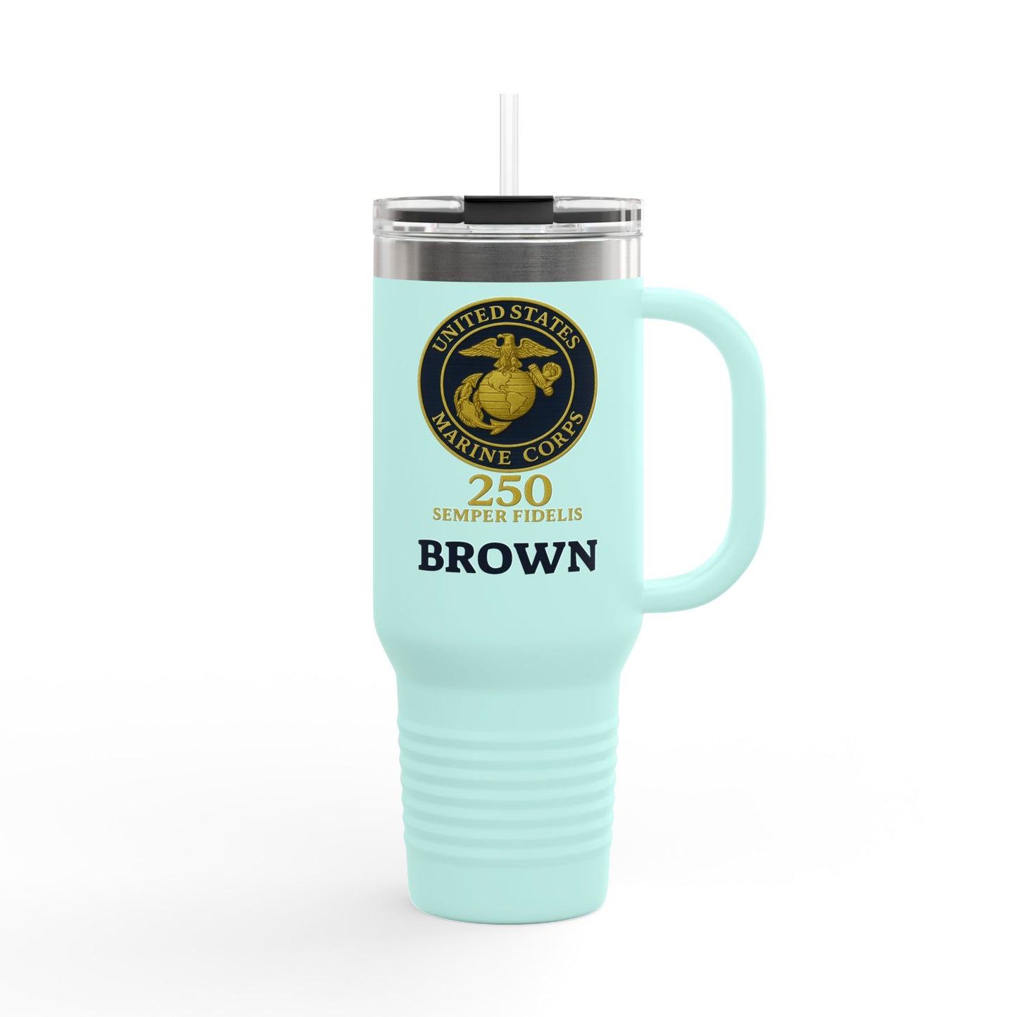 Customizable 40oz Insulated Travel Mug - United States Marine Corps Semper Fidelis Design (Emblem On Navy Blue Background)