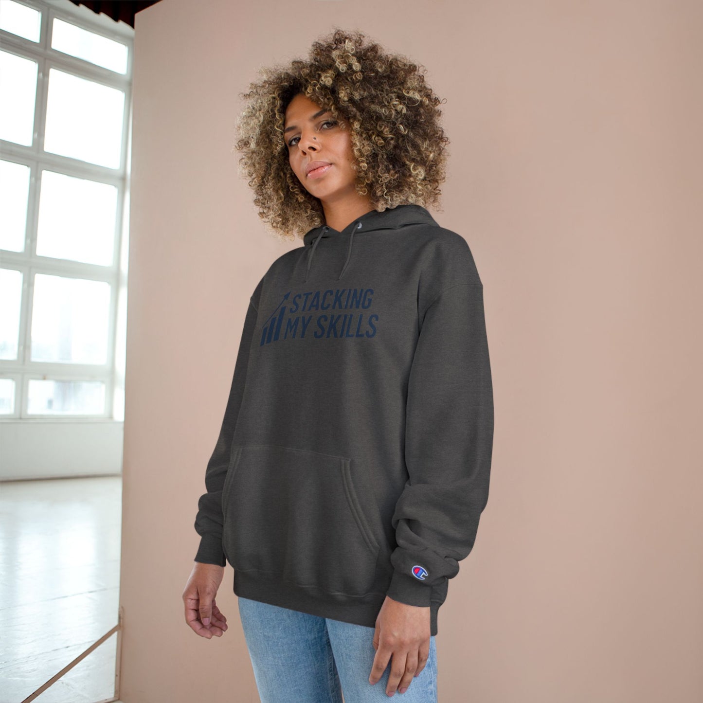 Champion Hoodie with 'Stacking My Skills' Design(Blue), Motivational Sweatshirt, Perfect Gift for Students, and Casual Wear