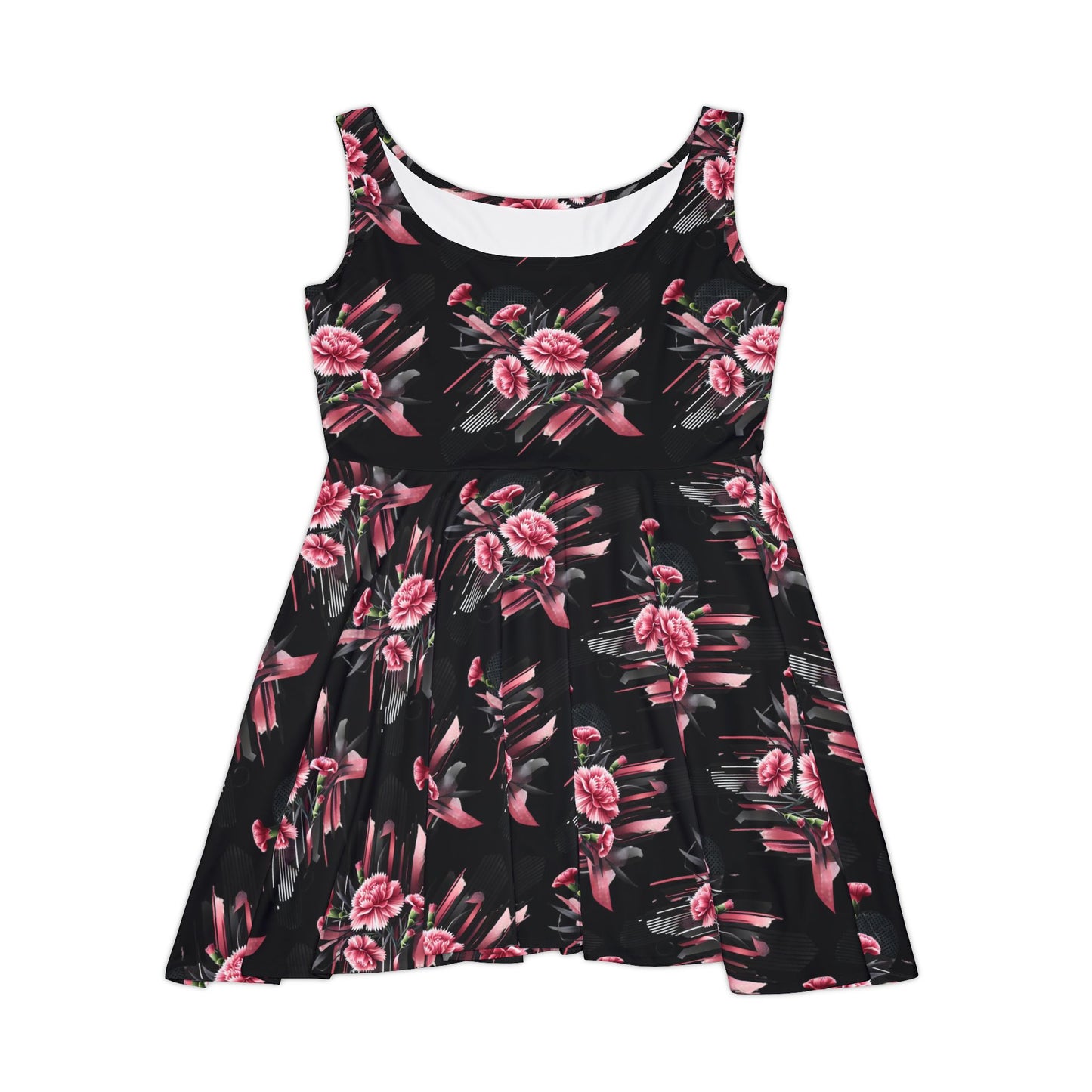 Pink Carnations On Black Skater Dress