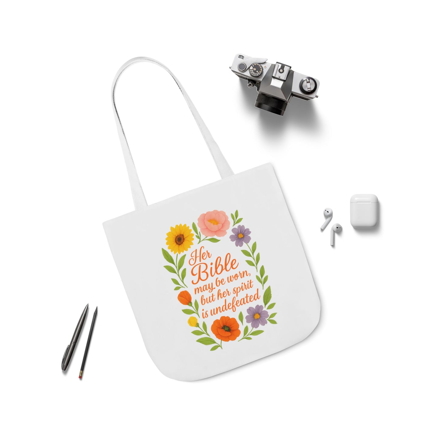 Inspirational Floral Canvas Tote Bag with 5-Color Straps