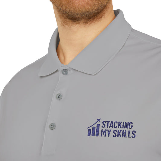 Adidas Performance Polo with 'Stacking My Skills' design(Blue), Sporty Polo Shirt for Golf, Tennis, and Casual Wear