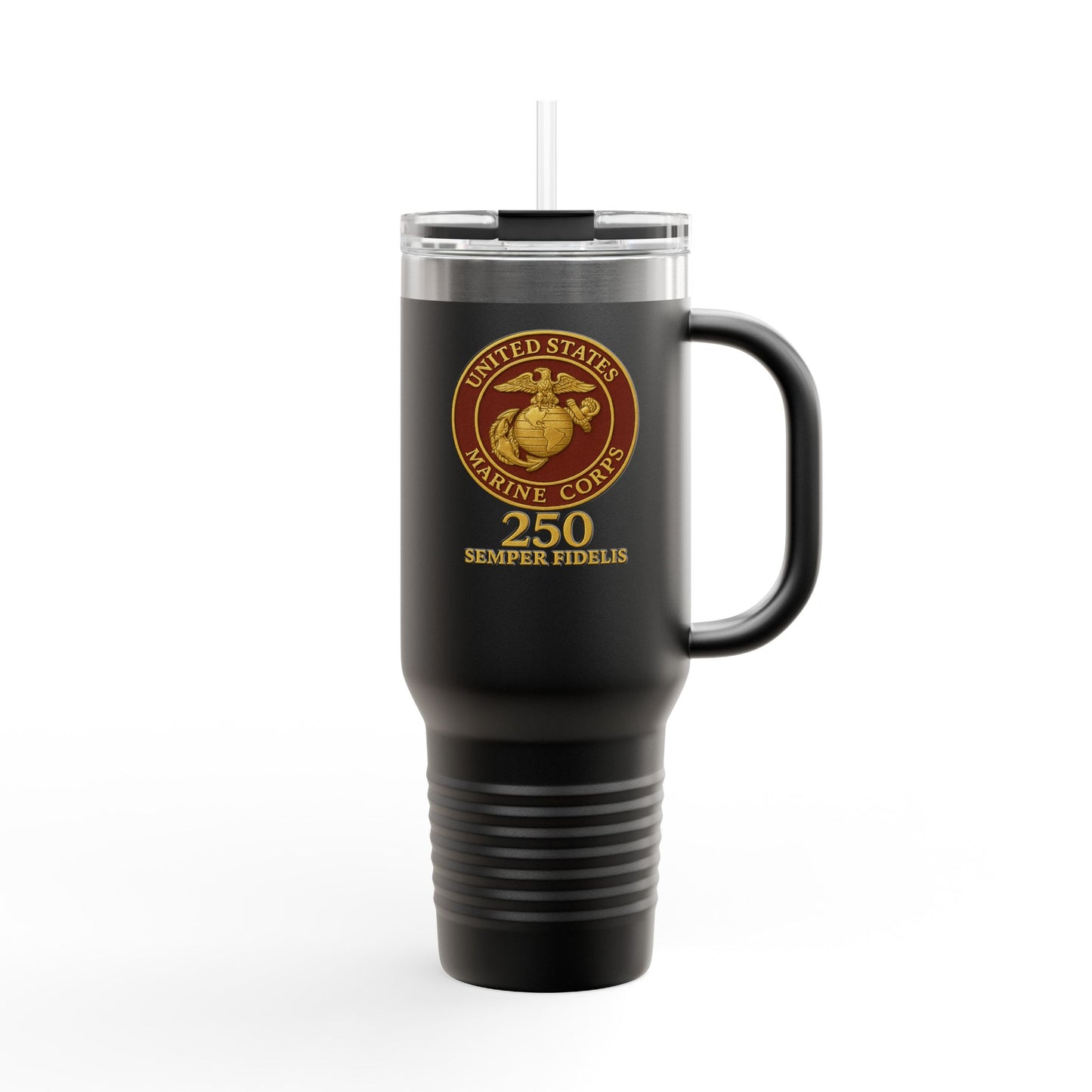 40oz Insulated Travel Mug - United States Marine Corps Semper Fidelis Design (Emblem Has Deep Red Background)