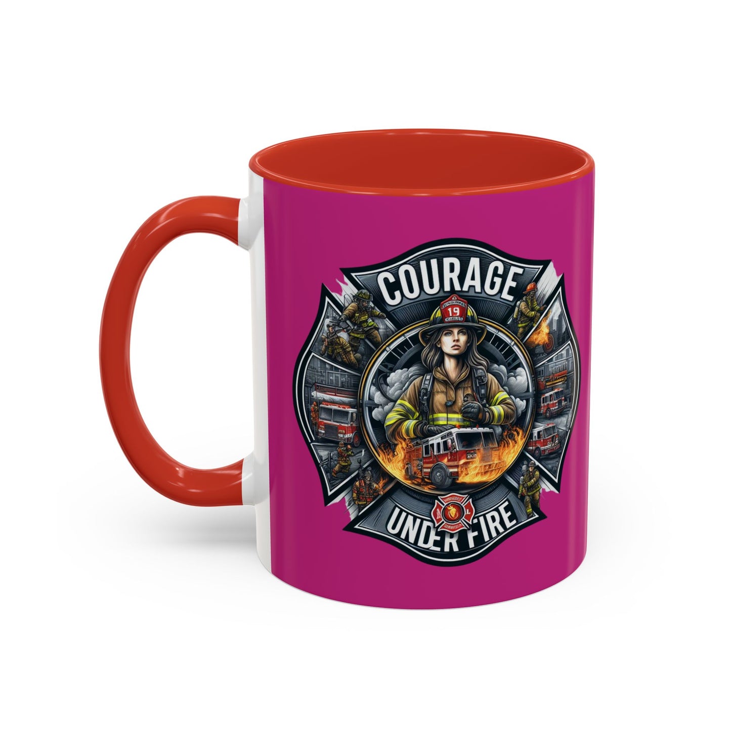 Courage Under Fire - Fire Chief - Hook and Ladder - Pink/White Accent Coffee Mug, 11oz