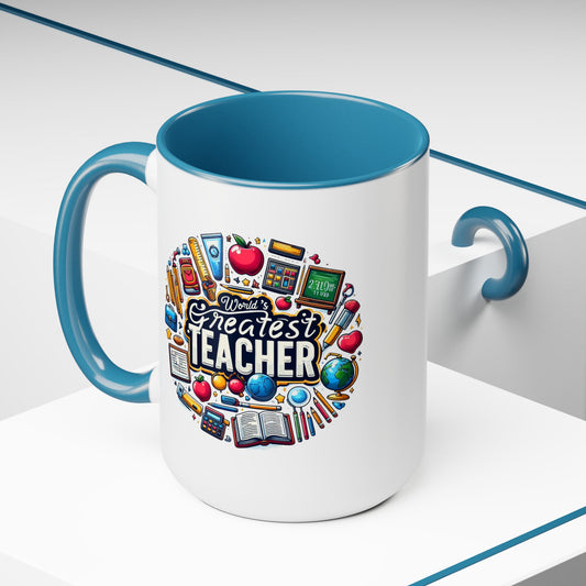 World's Greatest Teacher - Two-Tone Coffee Mugs, 15oz, (LeftG2)