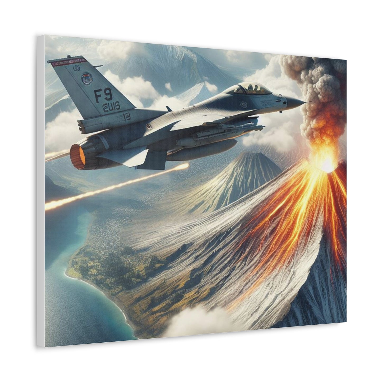 Fighter Aircraft With A Bird's Eye View Of Volcano on Stretched Canvas