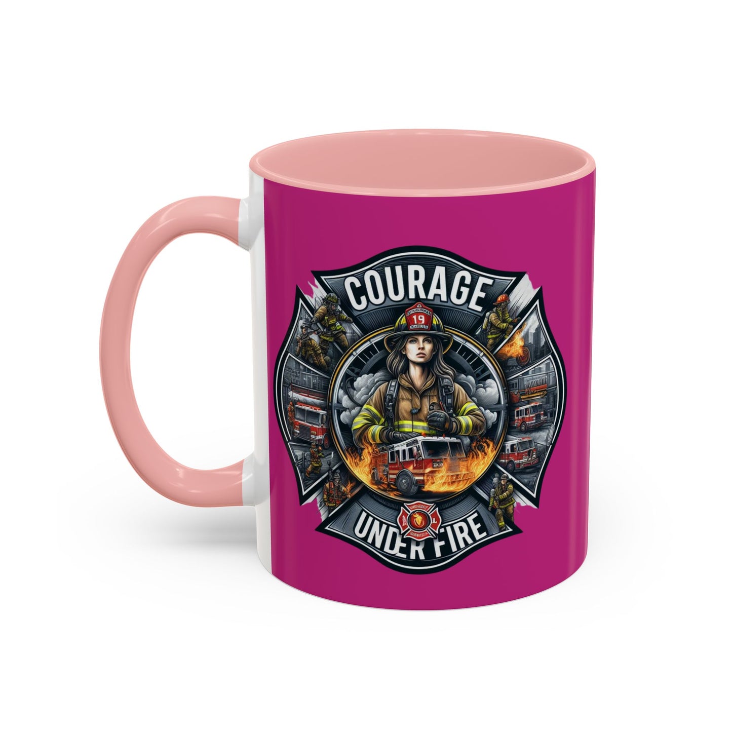 Courage Under Fire - Fire Chief - Hook and Ladder - Pink/White Accent Coffee Mug, 11oz