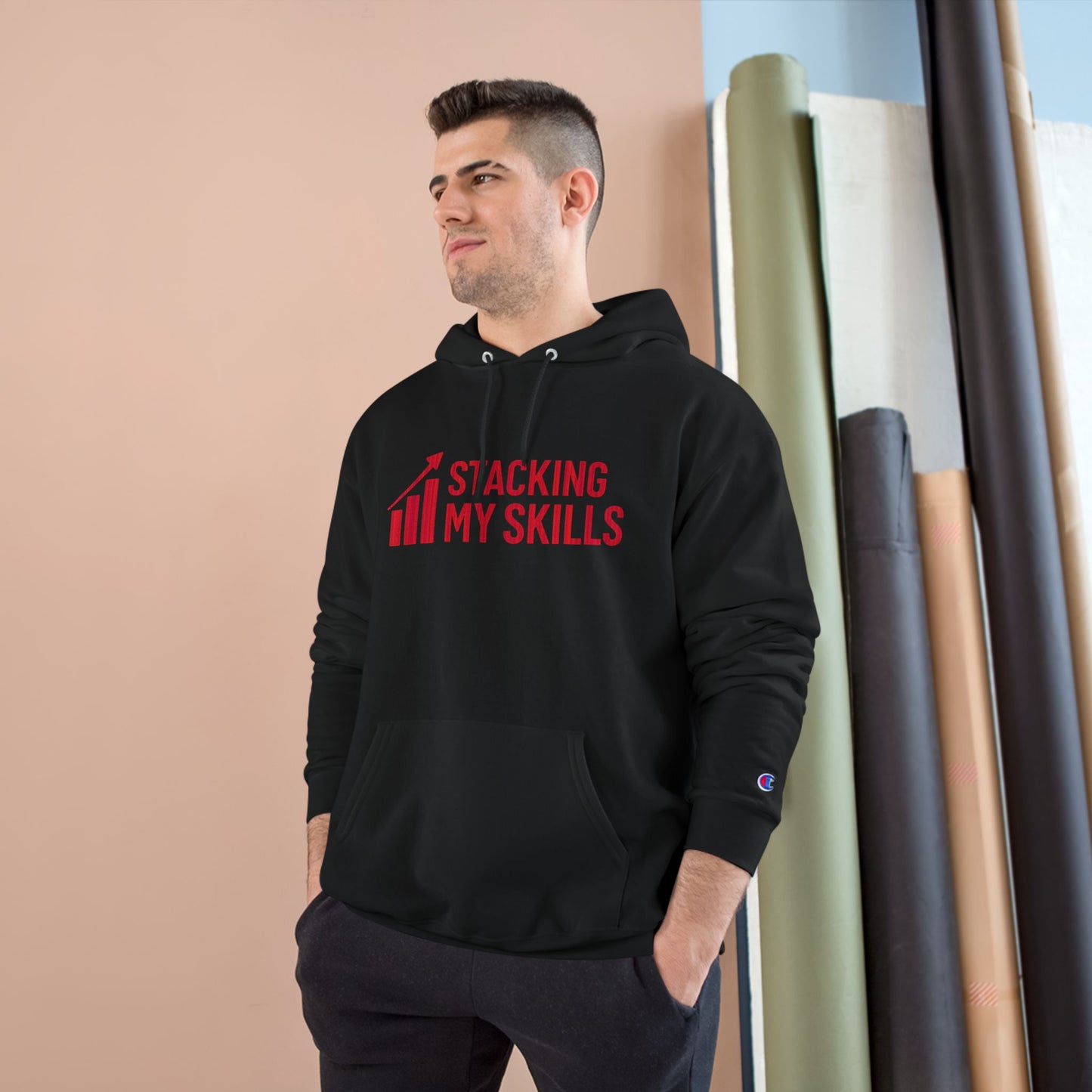 Champion Hoodie with 'Stacking My Skills' Design (Red Letters)