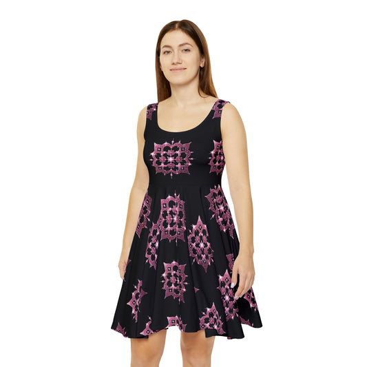 Dazzling Pink Quatrefoil on Black Sleeveless Skater Dress