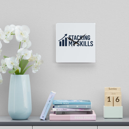 "Stacking My Skills" Modern Acrylic Wall Clock - Motivational Timepiece for Home Office, Workspace Decor, Unique Gift, Skill Development Decoration