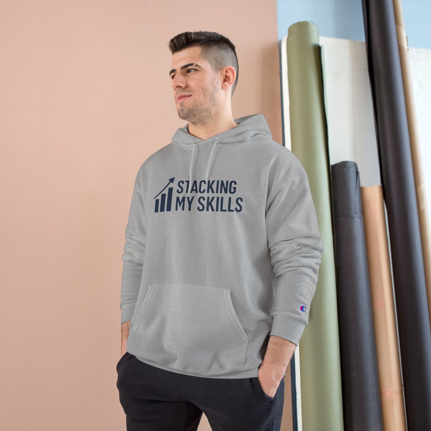 Champion Hoodie with 'Stacking My Skills' Design(Blue), Motivational Sweatshirt, Perfect Gift for Students, and Casual Wear