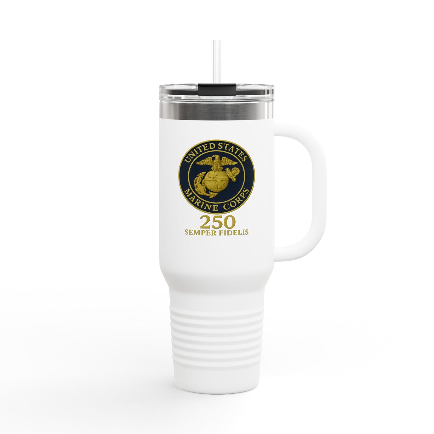 40oz Insulated Travel Mug - United States Marine Corps Semper Fidelis Design (Emblem On Navy Blue Background)