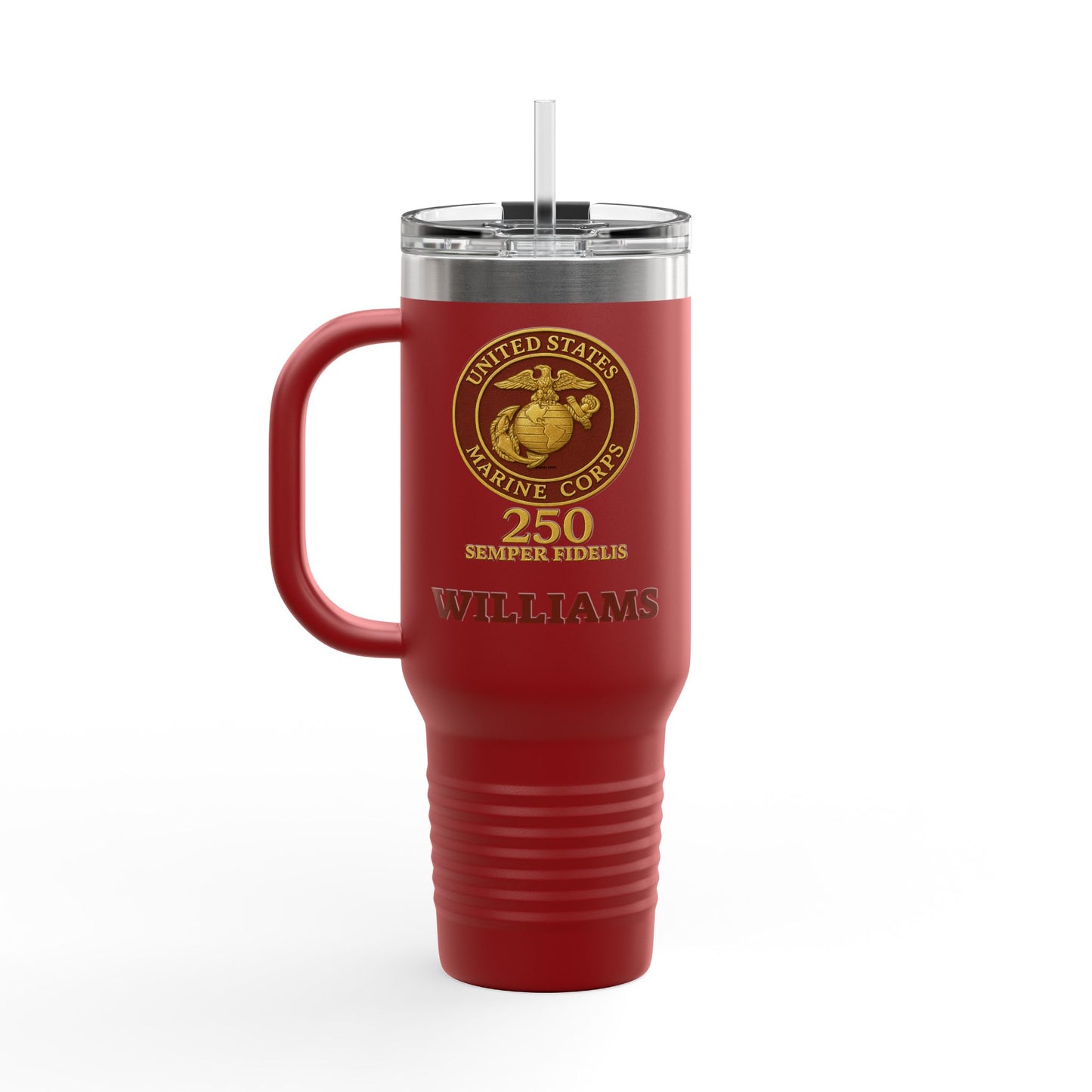 Customizable 40oz Insulated Travel Mug - United States Marine Corps Semper Fidelis Design (Emblem Has Deep Red Background)