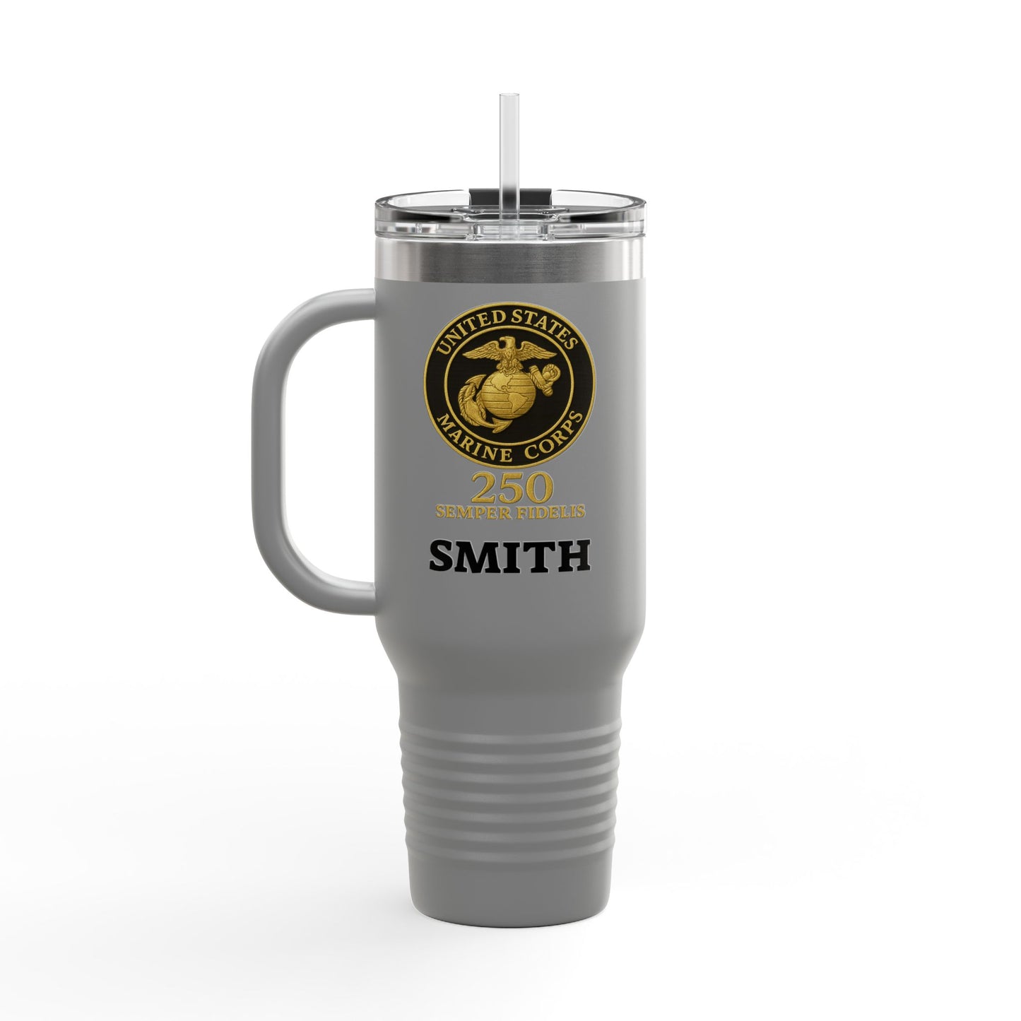 Customizable 40oz Insulated Travel Mug - United States Marine Corps Semper Fidelis Design (Emblem On Black Background)