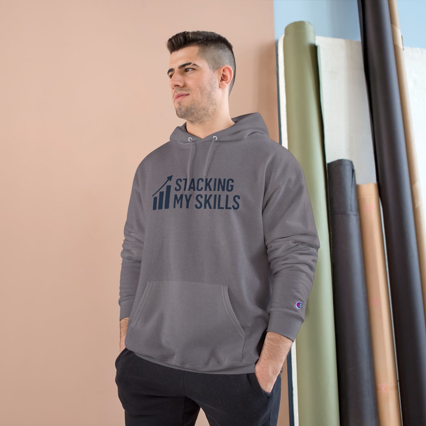 Champion Hoodie with 'Stacking My Skills' Design(Blue), Motivational Sweatshirt, Perfect Gift for Students, and Casual Wear