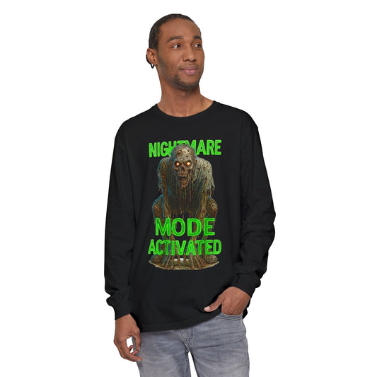 Nightmare Mode Activated Long Sleeve T-Shirt for Halloween, Spooky Gift, Horror Fans, Unisex Festival Apparel, Comfort Wear