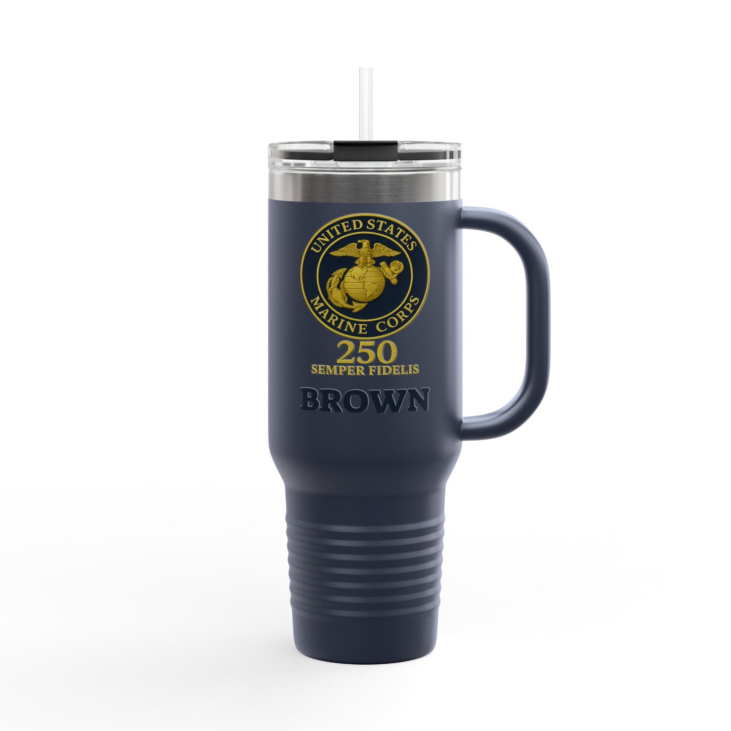 Customizable 40oz Insulated Travel Mug - United States Marine Corps Semper Fidelis Design (Emblem On Navy Blue Background)