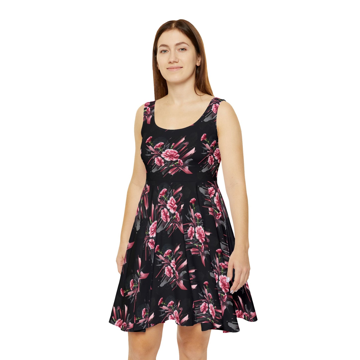Pink Carnations On Black Skater Dress