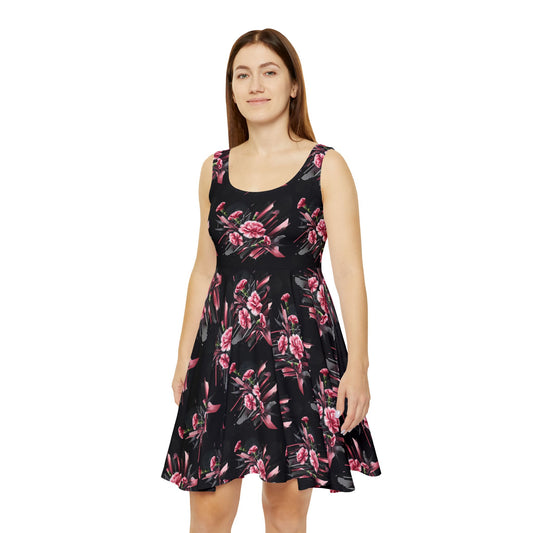 Pink Carnations On Black Skater Dress