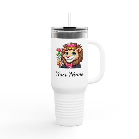 Personalized, Carnation Bearing Lion, 40oz Stainless Steel, Double-Insulated, Spillproof, Insulated Travel Mug